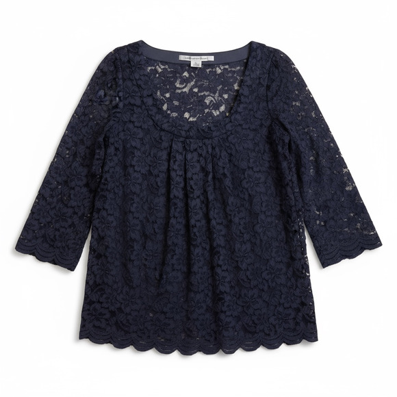 Diane Von Furstenberg Navy Blue Lace Blouse Women's Sz 6 Scallop Hem 3/4 Sleeve - Picture 8 of 8